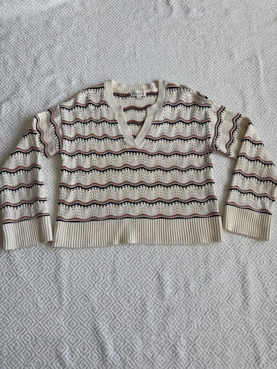 Marled Sweaters - Marled Cream V-Neck Sweater with Brown and Black Stripes